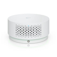 Ubiquiti UP-AirQuality sensor showing ventilation openings, blue status LED and green indicator ring