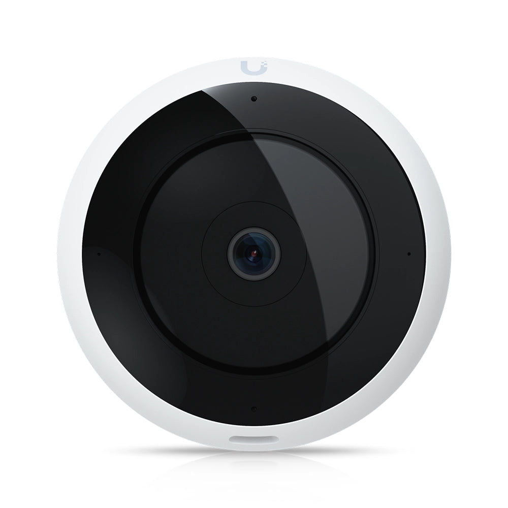 Front view of the white Ubiquiti AI 360 camera showing the central fisheye lens and black dome