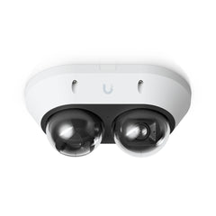 Angled view of the white Ubiquiti AI Multi Sensor 2 camera showing two dome-covered lenses