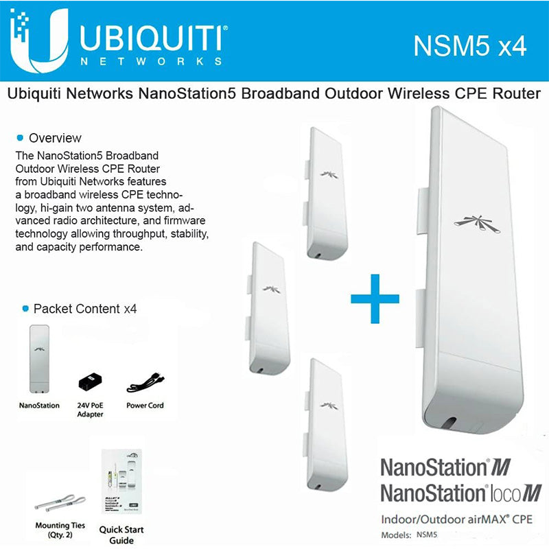 Ubiquiti NSM5 Bundle of 4 NanoStation M5 5GHz Outdoor airMAX CPE (A Grade)