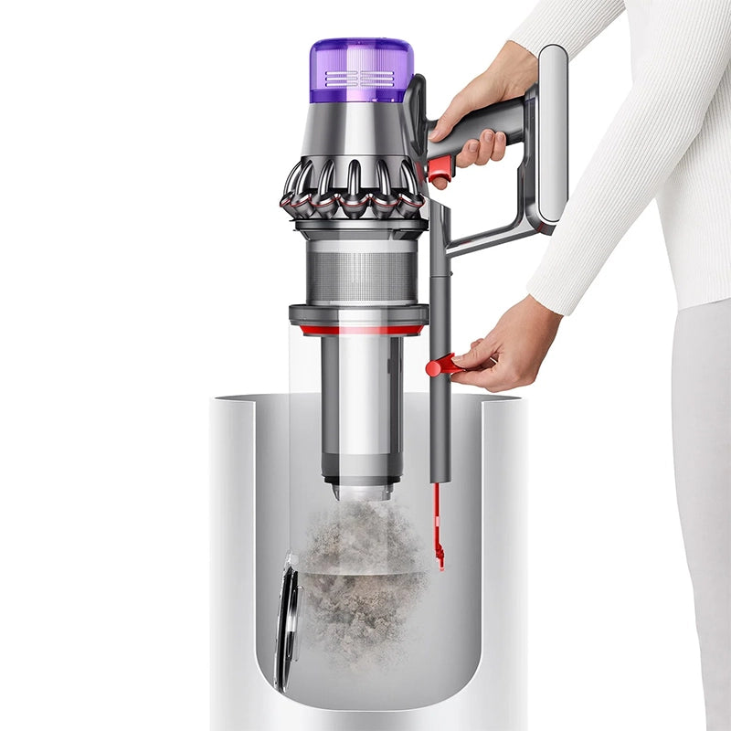 Dyson Outsize Extra cordless vacuum dust bin being emptied hands-free