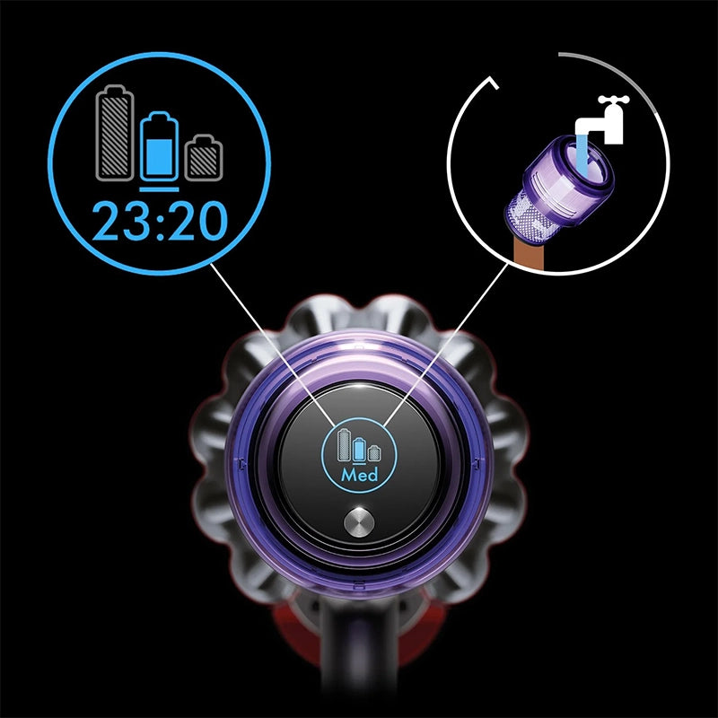 Dyson Outsize Extra cordless vacuum LCD display showing battery and alerts