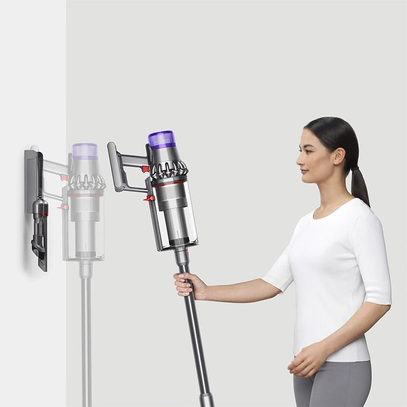 Dyson Outsize Extra cordless stick vacuum cleaner mounted on wall dock