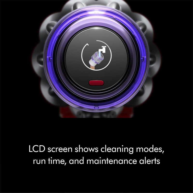 Dyson V9 Motorbar cordless vacuum LCD display showing cleaning modes and alerts