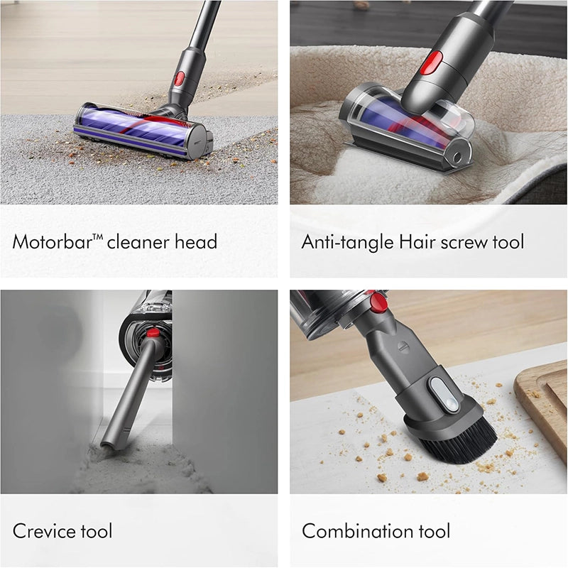 Dyson V9 Motorbar vacuum cleaner tools in use including motorbar and hair screw heads
