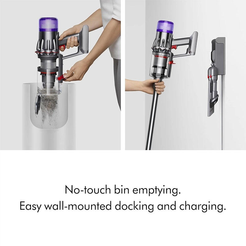 Dyson V9 Motorbar cordless stick vacuum cleaner wall docking and bin emptying process