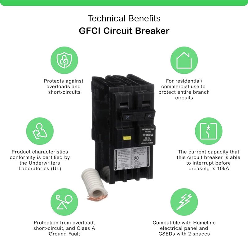 Square D - Square D HOM230GFIC 30 Amp GFCI Circuit Breaker – 2 - Pole, 120/240V, Plug - In Mount