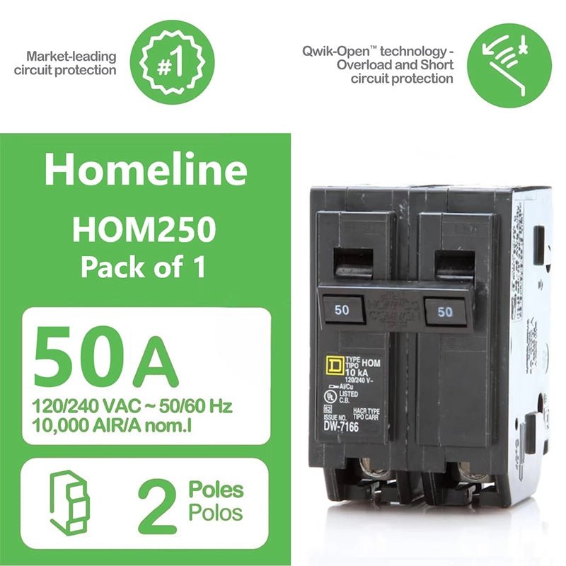 Hom250 Square D HOM250 50 Amp Double Pole Homeline Circuit Breaker – 120/240V ...