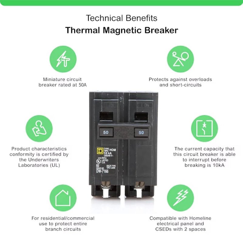 Square D - Square D HOM250 50 Amp Double Pole Homeline Circuit Breaker – 120/240V AC, 10kAIC – Pack of 1
