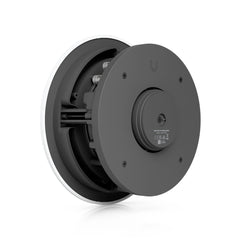 Rear view of the Ubiquiti UACC-In-Ceiling-Speaker showing the woofer assembly, speaker wire terminals and mounting hardware