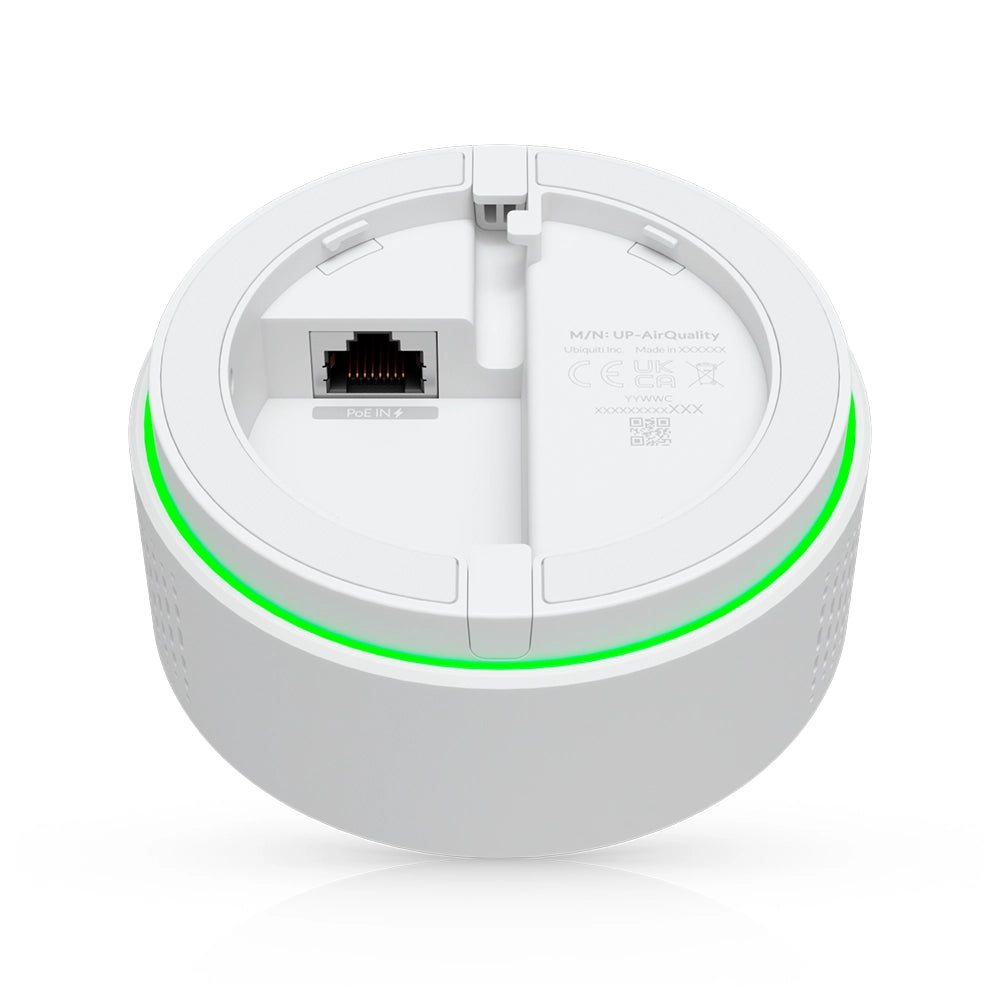 Underside of the Ubiquiti UP-AirQuality sensor showing the PoE Ethernet port and mounting slots