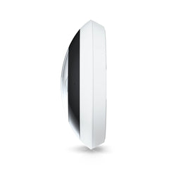 Side profile of the Ubiquiti AI 360 camera showing its slim white housing and curved dome
