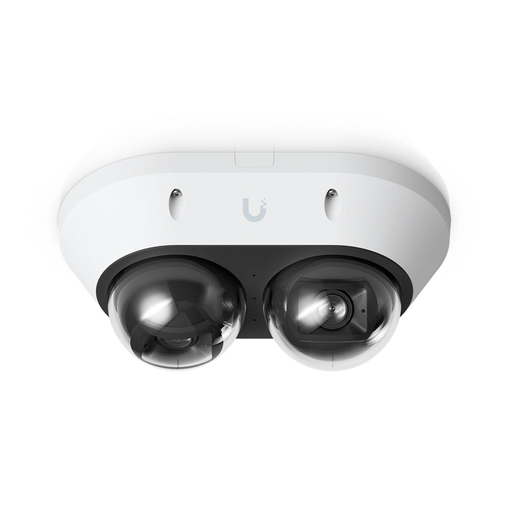 Angled view of the white Ubiquiti AI Multi Sensor 2 camera showing two dome-covered lenses