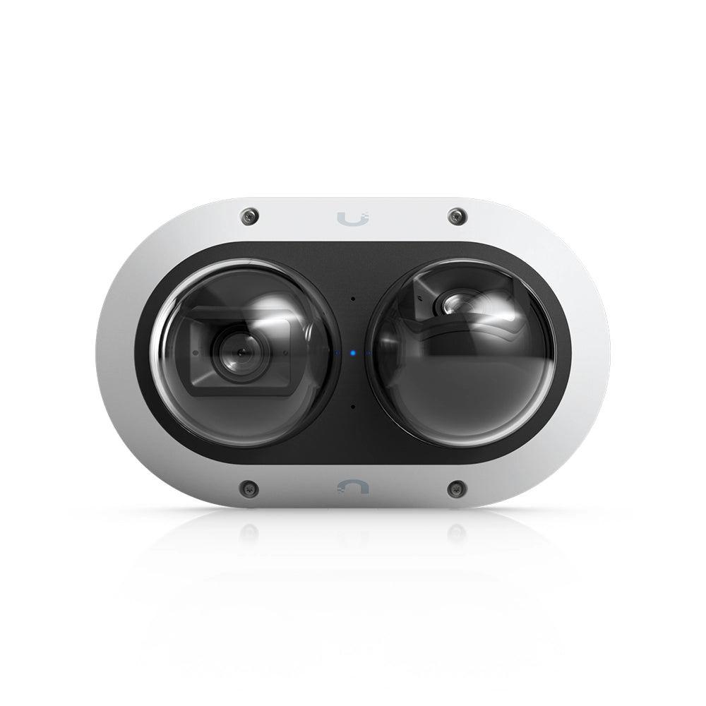Front view of the Ubiquiti AI Multi Sensor 2 camera showing independently adjustable lenses and blue status LED