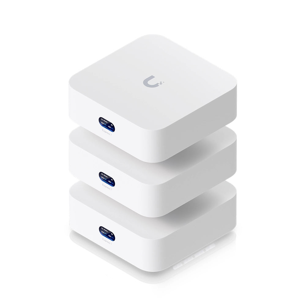 Ubiquiti UX7-3 WiFi 7 mesh system with three Express 7 units stacked together