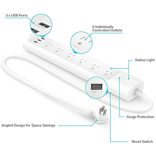 Kasa Smart Plug Power Strip HS300, Surge Protector with 6 Individually Controlled Smart Outlets and 3 USB Ports