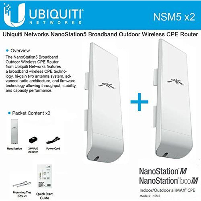 Ubiquiti NSM5 Bundle of 2 NanoStation M5 5GHz Outdoor airMAX CPE 150+Mbps 15+km