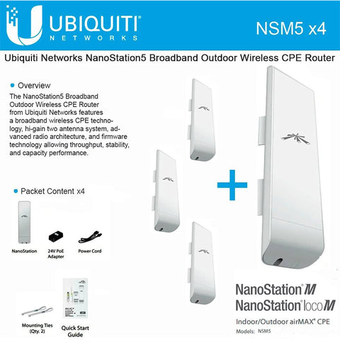 Ubiquiti NSM5 Bundle of 4 NanoStation M5 5GHz Outdoor airMAX CPE 150+Mbps 15+km
