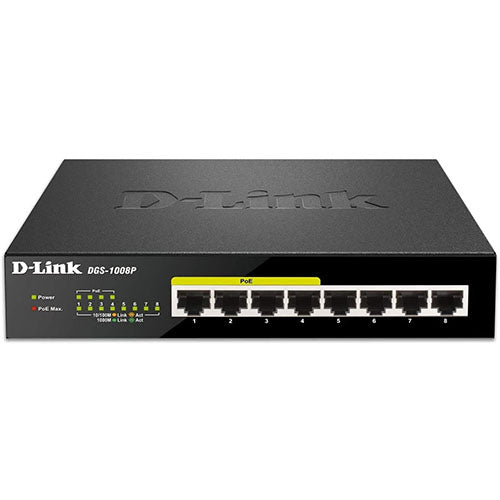 Commutateur PoE D-Link, 8 ports Ethernet Gigabit 4 ports PoE Budget 68 W (DGS-1008P) 