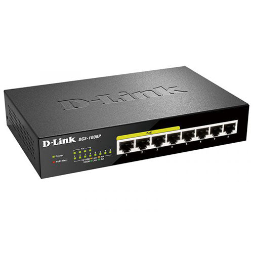 Commutateur PoE D-Link, 8 ports Ethernet Gigabit 4 ports PoE Budget 68 W (DGS-1008P) 